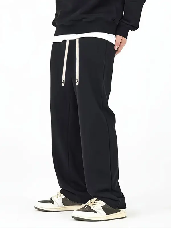 Unisex's Solid Drawstring Waist Pants, Casual Pocket Straight Leg Trousers for Daily Wear, Knitting Bottoms for All Seasons 0