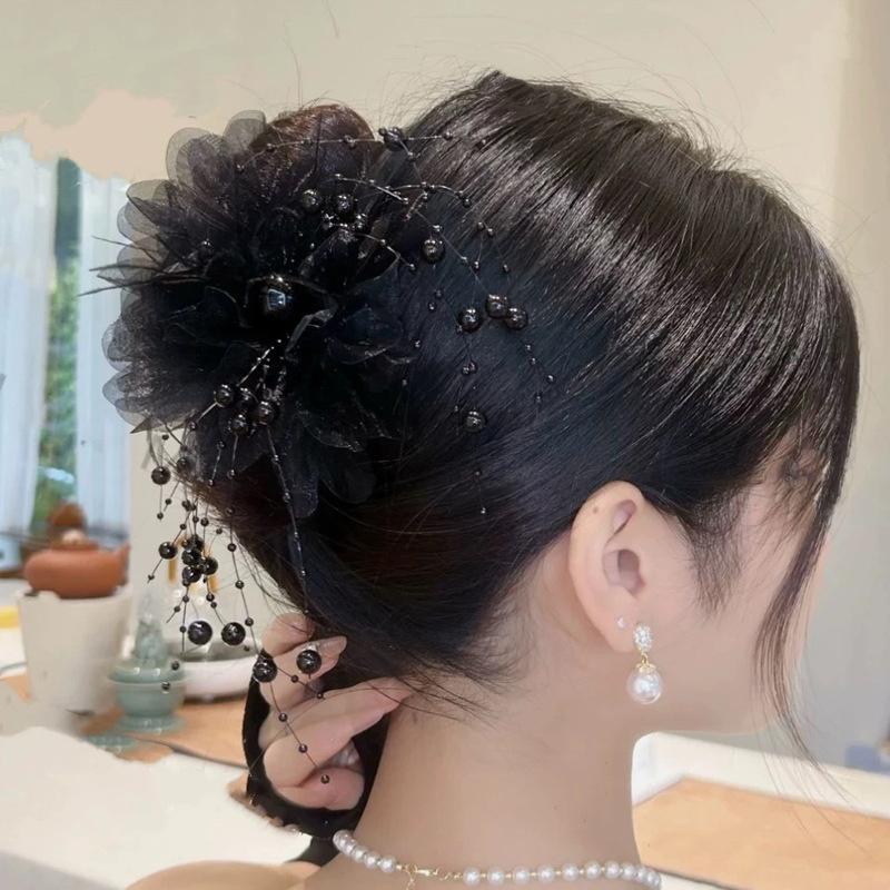 Product Introduction of Fashion Black Mesh Flower Hair Clip Women Shark Ponytail Clip Headdress Temperament Flower Hair Claw Headwear 18