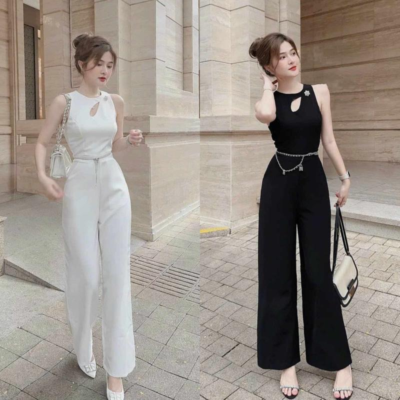 Jumpsuit Nữ Cổ Tròn Đính Đá Liền Thân Dáng Dài Quần Ống Rộng Vải Tuyết Mưa phù hợp cho các nàng đi chơi, đi dự tiệc kiểu dáng thanh lịch, sang trọng