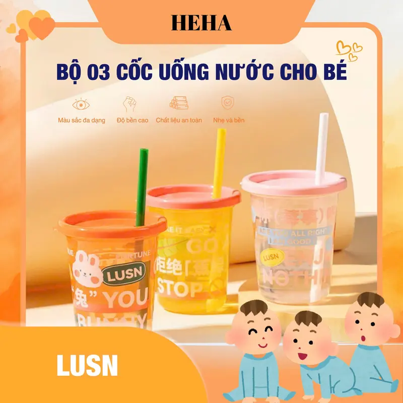 Bộ 3 cốc uống nước cho bé LUSN - Sáng tạo - Cốc nhựa trong 300ml - Heha Vietnam 0