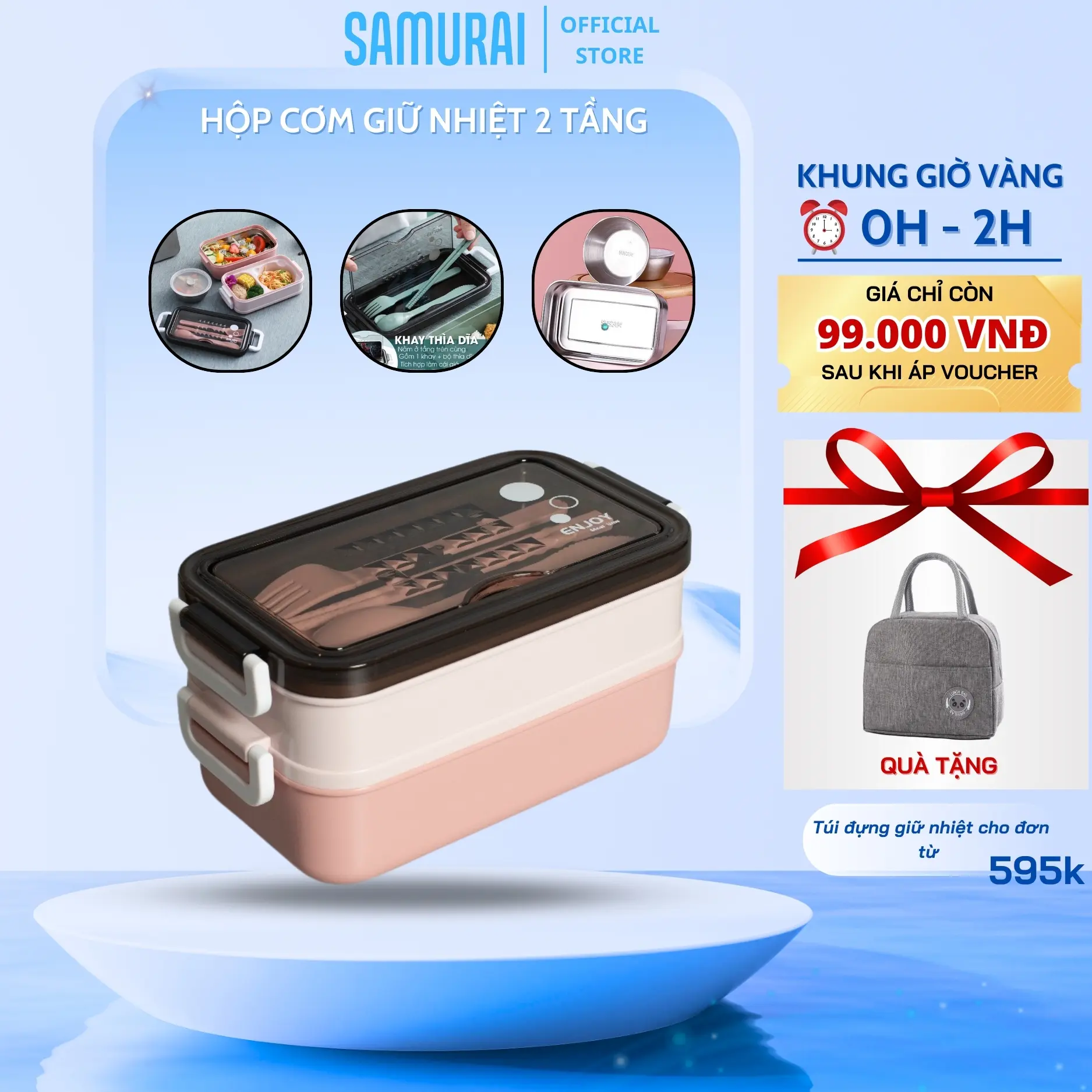 Hộp Cơm Giữ Nhiệt Inox 2 Tầng SAMURAI Hộp Đựng Cơm Giữ Nhiệt Tặng Kèm Thìa Đũa Tiện Dụng Mang Đi Làm