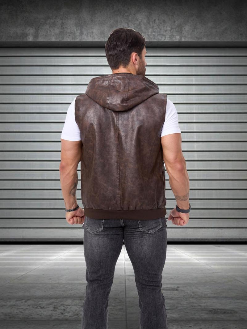Product Introduction of Men's Solid Color PU Leather Vest Jacket, Casual Fashion Sleeveless Outerwear for Daily Outdoor Wear, Men Cloths for Fall & Winter 4