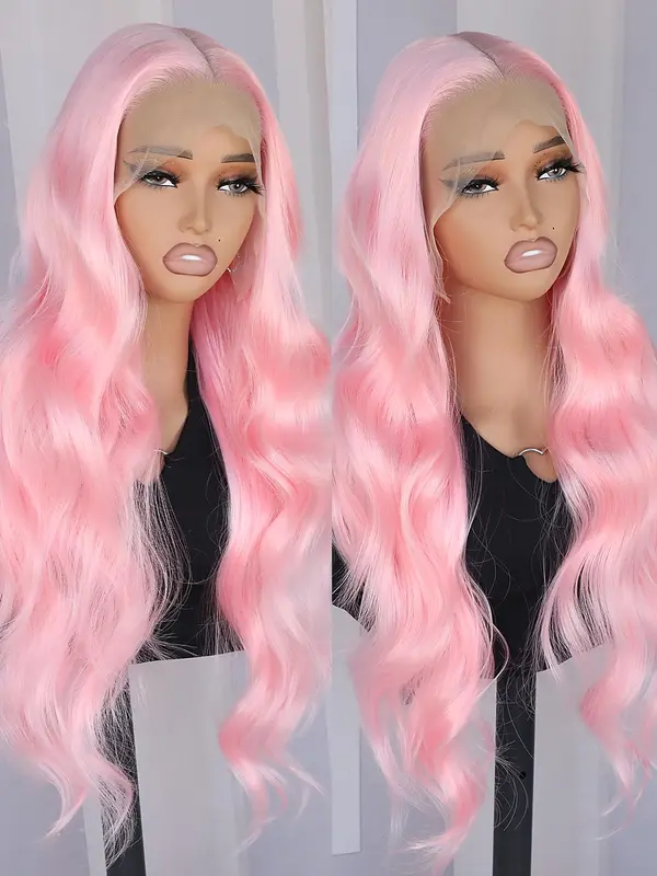 26 Inch Pink Long Body Wavy Synthetic Lace Front Wigs for Women, Natural Looking Gorgeous Fluffy Wigs without Bangs, Heat Resistant Glueless Wigs, Synthetic Lace Wigs for Party, Daily Use 6