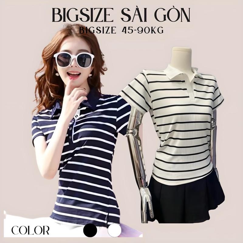 Áo Thun Nữ Cổ Polo Sọc Trắng Đen Vải Thun Gân Tăm 45-95Kg Có Bigsize Dễ Thương Top Women - B.1192