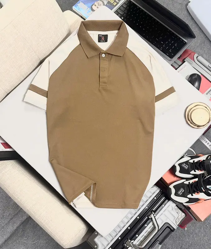 HAIPO082/92- Áo Polo nam raglan nâu rêu/ nâu cà phê/ trắng/ đen, tay sọc, vải poly cá sấu, co dãn 4 chiều 2