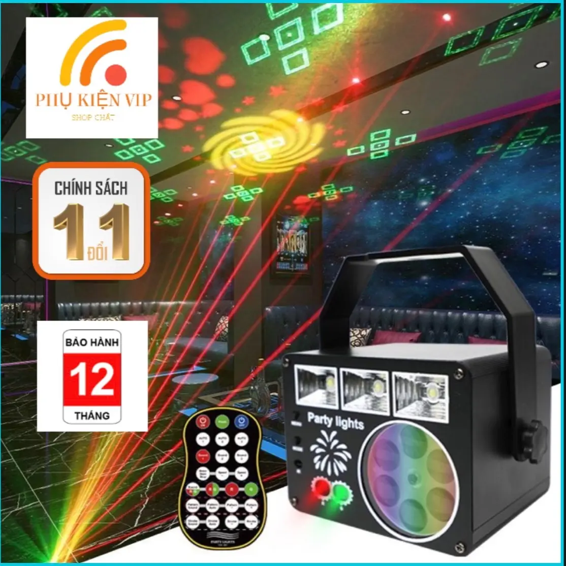 Đèn Party lights 11 Cửa 3 Kiênh Riêng Biệt (Chớp Trắng- Laser- MoVing) có cảm ứng nhạc Black Điều chỉnh được