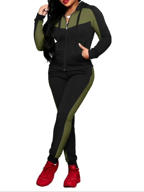 Two-piece Set Women's Colorblock Zip Up Hoodie & Pocket  Pants, Casual Long Sleeve Hooded Sweatshirt &  Jogger Pants for Daily Wear, Ladies Fall & Winter Clothes 2