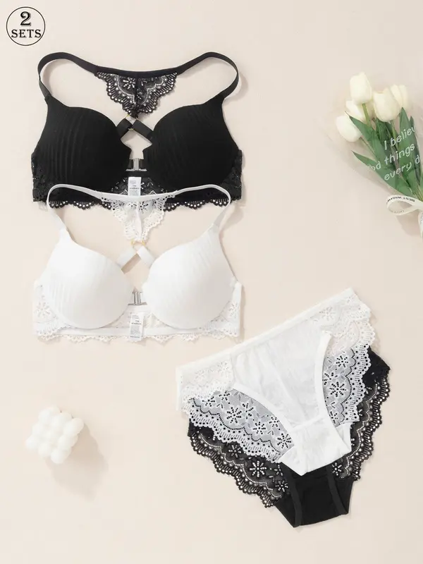 Women's Solid Color Lace Bra & Panty Two-Piece Set, Adjustable Strap Push Up Bra & High Waist Panty, Lingerie Set for Women 5