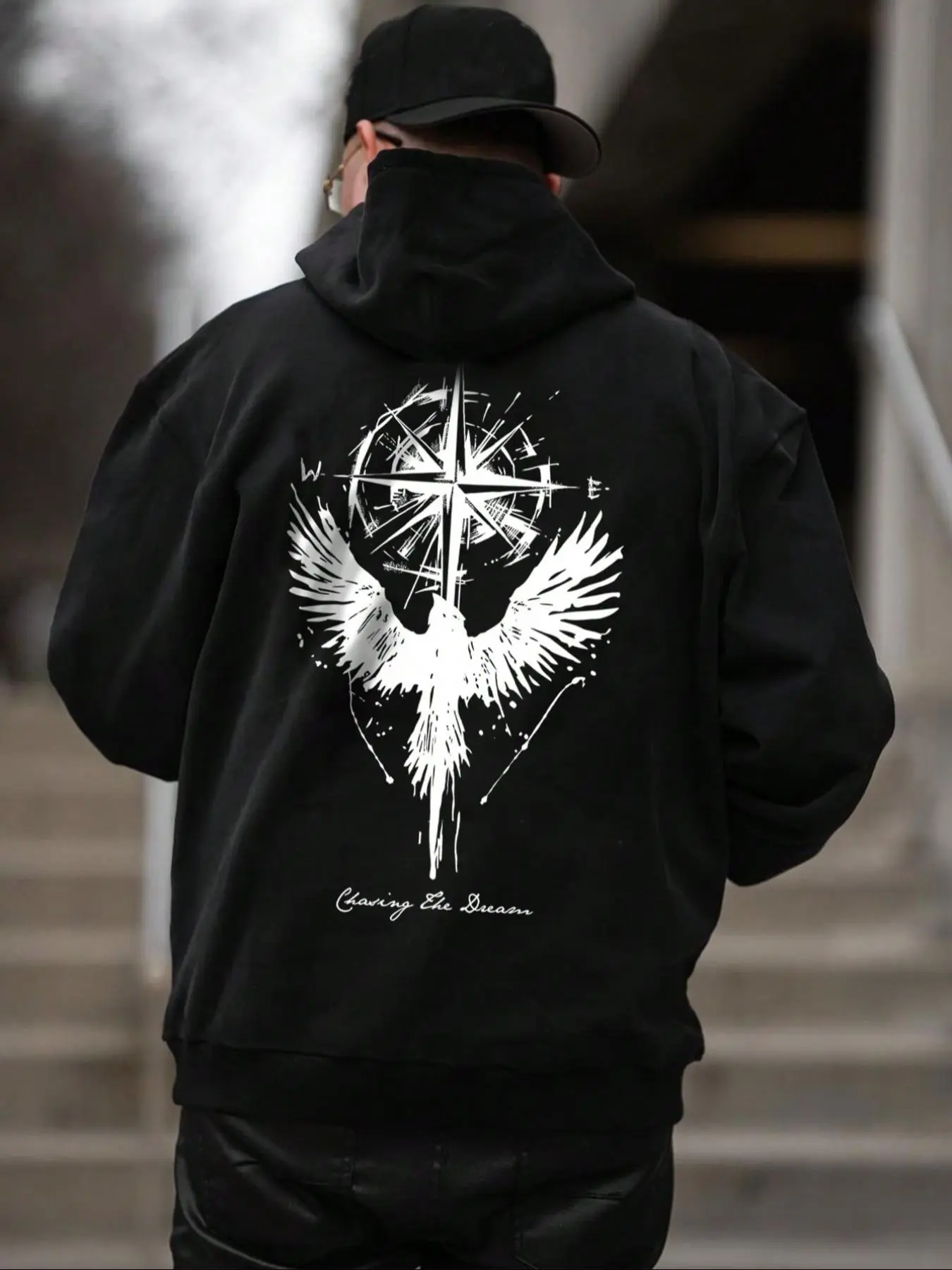Men's Compass & Cross Print Drop Shoulder Hoodie, Fashion Casual Regular Fit Drawstring Pocket Hooded Sweatshirt for Daily Holiday Outdoor Wear, Men Clothes for Fall & Winter