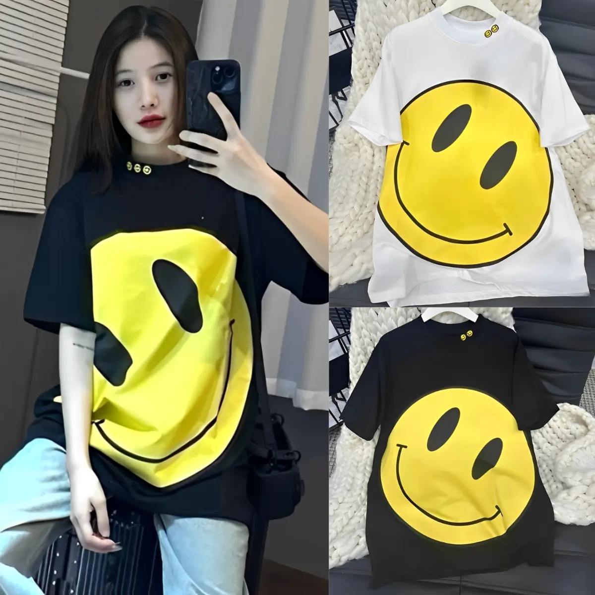 Áo Thun Nữ Smile Mặt Cười From Rộng Kiểu Dáng Hàn Quốc Cực Xinh Top Women Cổ Tròn Đen