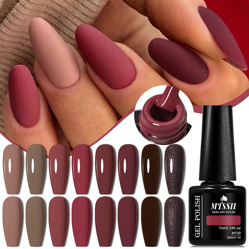 MTSSII 7ml ยาทาเล็บเจลสีไวน์แดง ฐานและท็อปโค้ท รวมยาทาเล็บ UV LED Wine Red Nails Salon Kuku Nail Art