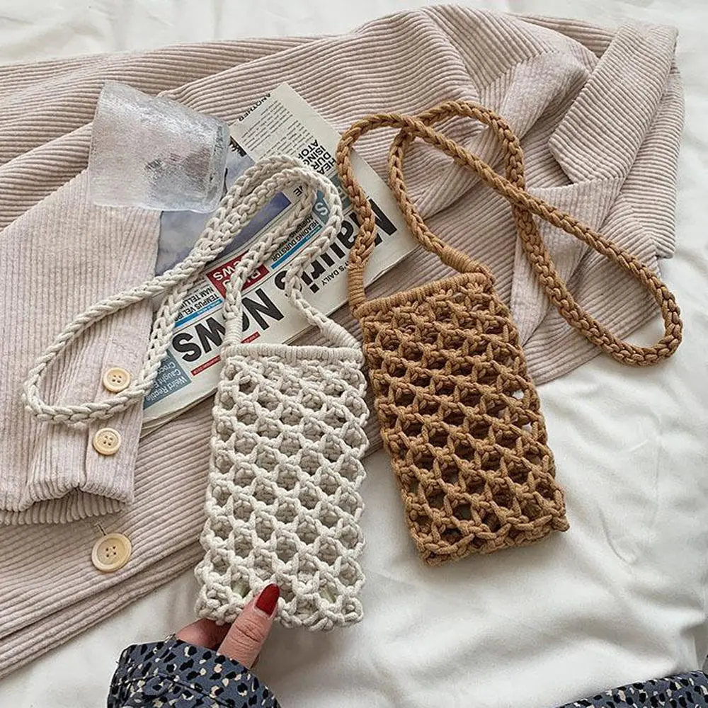Girls Mini Cute Ladies Knitting Purses Hollow-out Solid Color Women Thread Weave Handbags Crossbody Phone Bag Woven Mobile Phone Bags Braided Shoulder Handbag