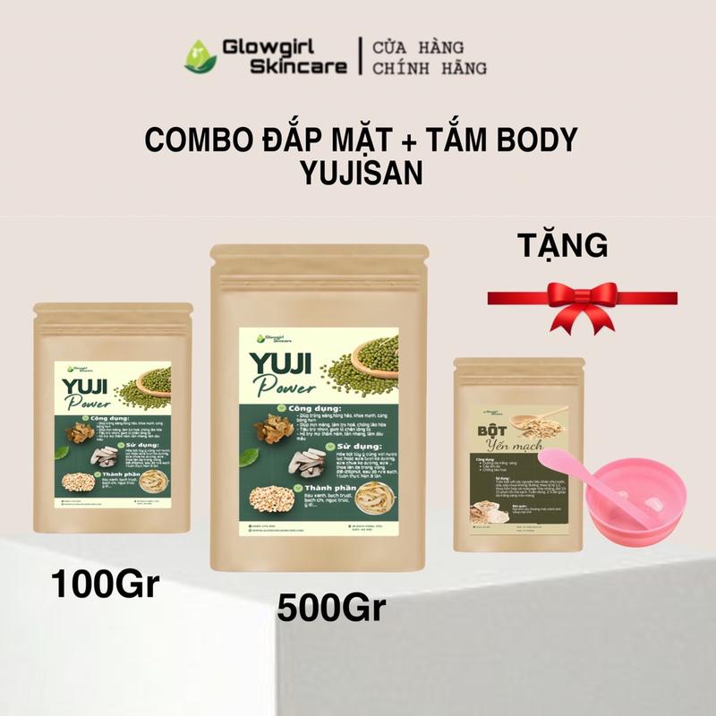 Combo Bột Yujisan GLOWGIRL: Mặt Nạ 50g/100g + Tắm Body 250g/500g bột Yujisan Công thức Trắng da Đông y Cổ truyền [Tặng Bột Yến Mạch 50g + Bát thìa trộn bột]