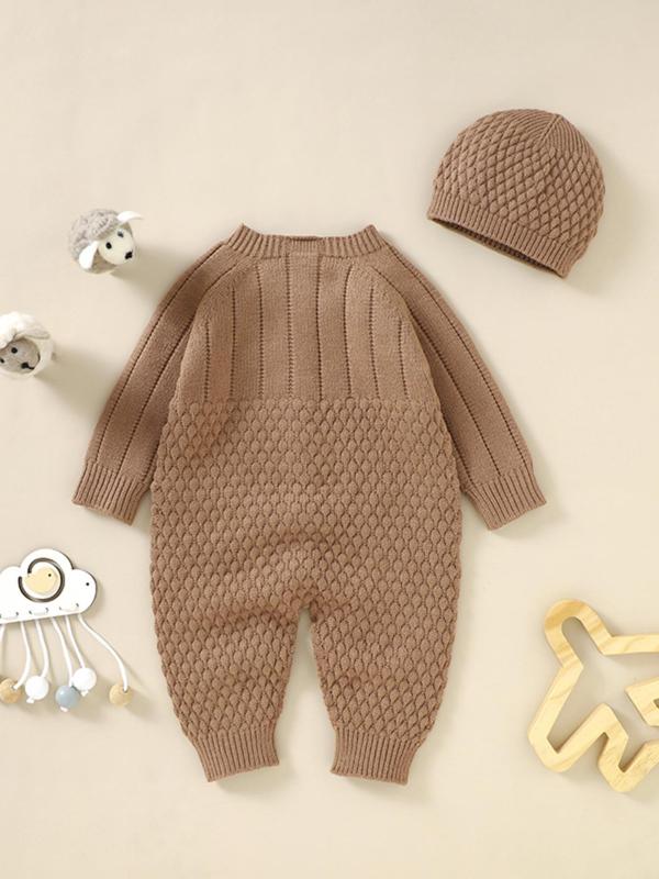 Baby's Solid Long Sleeve Button Front Sweater Onesie & Beanie Hat, Cute Raglan Sleeve Round Neck One-piece Knitwear Set, Newborn Infant Kid's Fall & Winter Clothes, Two Piece Set Winter Co Ord Sets, Baby Clothes, Baby Clothing Winter 8