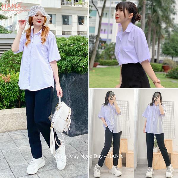 Áo sơ mi trắng xanh nữ đi học tay ngắn lỡ form rộng túi ngực cổ bẻ V - Áo sơ mi nữ cộc tay học sinh cập 3 2 mặc đi học xinh