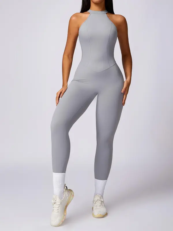 Women's Solid Ruched Cut Out Backless Halter Sports Jumpsuit, Jumpsuit for Women, High Stretch Seamless Quick Drying Breathable Comfortable Sports Jumpsuit for Yoga Gym Workout, Ladies Sportswear for All Seasons, Tummy Control,  Gym Wear 1