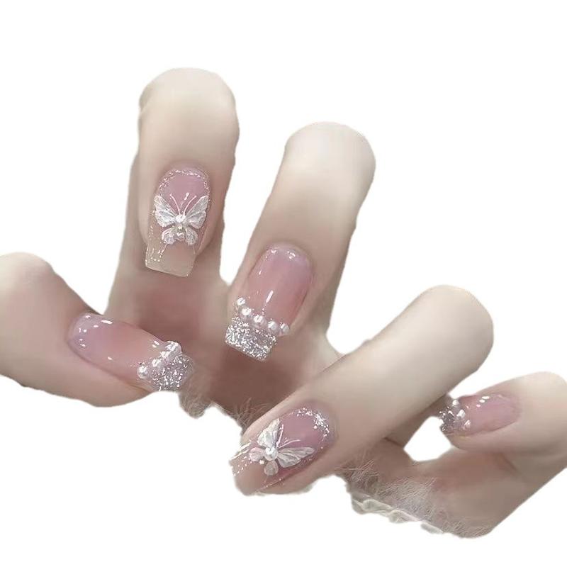 Mảnh đeo làm móng, hình bướm ngọc trai, móng tay giả trắng, đầu móng tay, mảnh hình móng tay, có thể tháo rời, sản phẩm hoàn thiện, bán chạy, 30 miếng 4