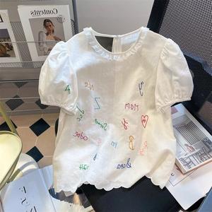 Blus renda sulaman berwarna-warni gaya Jepun untuk wanita, dengan lengan gebu dan kolar patung. Baju baru untuk musim panas.