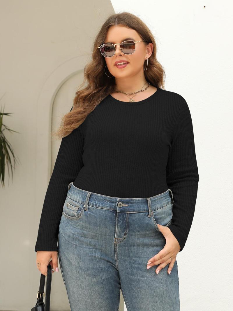 Product Introduction of 【Plus Size】 Solid Round Neck Ribbed Bodysuit, Casual Long Sleeve Crew Neck Bodysuit for Spring & Fall, Women's Clothes for Daily Wear 8