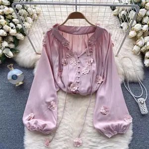 [clearance]PO15 Asaya Gaya manis dan lembut Kemeja lengan balon dasi bunga tiga dimensi