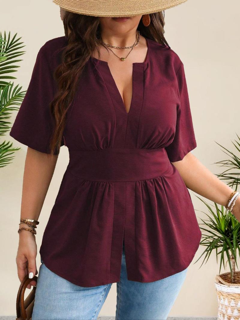 Product Introduction of 【Plus Size】 Solid Notched Neck Blouse, Casual Short Sleeve Top for Summer, Women's Clothing for Daily Wear 1
