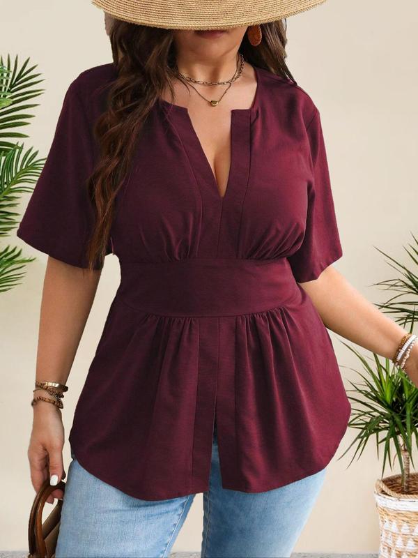 【Plus Size】 Solid Notched Neck Blouse, Casual Short Sleeve Top for Summer, Women's Clothing for Daily Wear 0