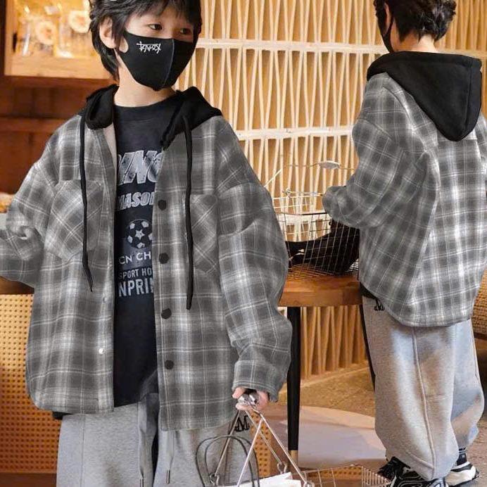 Áo khoác chống nắng vải dạ kẻ có mũ cho bé trai , áo dạ kẻ dáng thụng có mũ phong cách hàn quốc _T64
