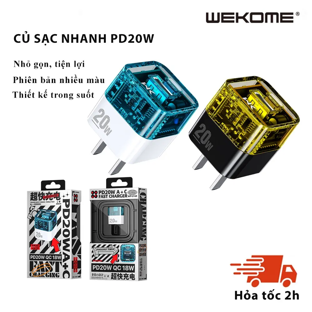 [TRONG SUỐT] Củ sạc nhanh 2 cổng USB và Type C Wekome trong suốt, sạc nhanh PD 20W Max và QC 18W Max