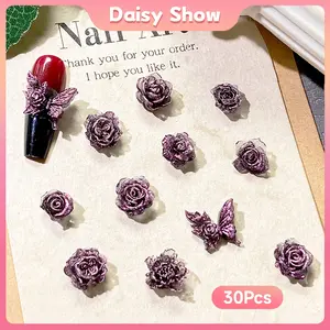 30 Pcs Hiasan Kuku Mawar Kupu-Kupu Hitam-Pink Iridescent Dekorasi Kuku yang Keren dan Menyala Aksesori Nail Art