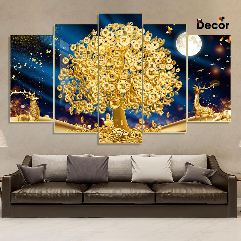 Tranh cây Kim tiền - Tranh gỗ TRÁNG GƯƠNG dán tường bộ 5 tấm- Trang trí Decor phòng 4