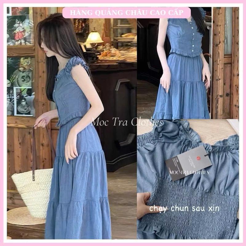 Set áo váy bò nữ Quảng Châu thiết kế áo phối viền bèo và chân váy dáng maxi dài tiểu thư siêu xinh