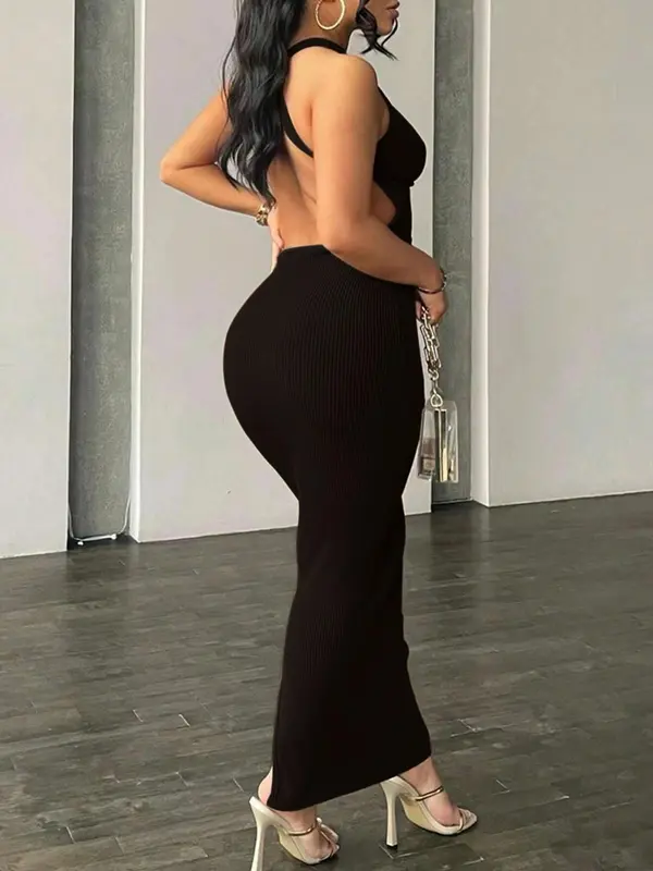 Women's Plain Criss Cross Backless Split Bodycon Dress, Elegant Casual Round Neck Tank Dress, Women's Summer Clothes for Party Daily Wear, Summer Dresses 2025, Clothing, Womenswear 7