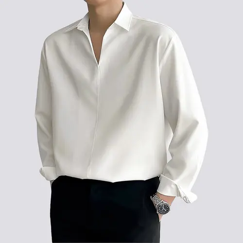 Áo sơ mi nam cổ V form rộng chất liệu lụa hàn cách điệu cổ thanh lịch thương hiệu JBAGY - JS03 Menswear Shirt