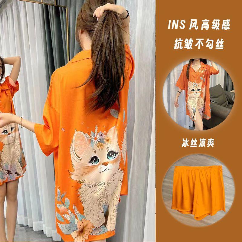 Váy Ngủ Lụa Lạnh Hợp Xu hướng Dành Cho Nữ, ngắn Tay Mùa Hè, Cao Cấp, Phong Cách Pháp Hoạt Hình, Ngoại Cỡ, Có Thể Mặc Làm Áo Sơ Mi, Bộ Váy Ngủ