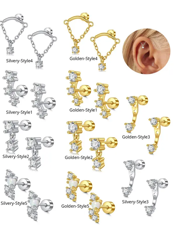 Helix Piercing Earrings, 2 Counts 2025 New Style Stainless Steel Flat Back Earring, Hypoallergenic Cartilage Earring Jewelry for Women 2