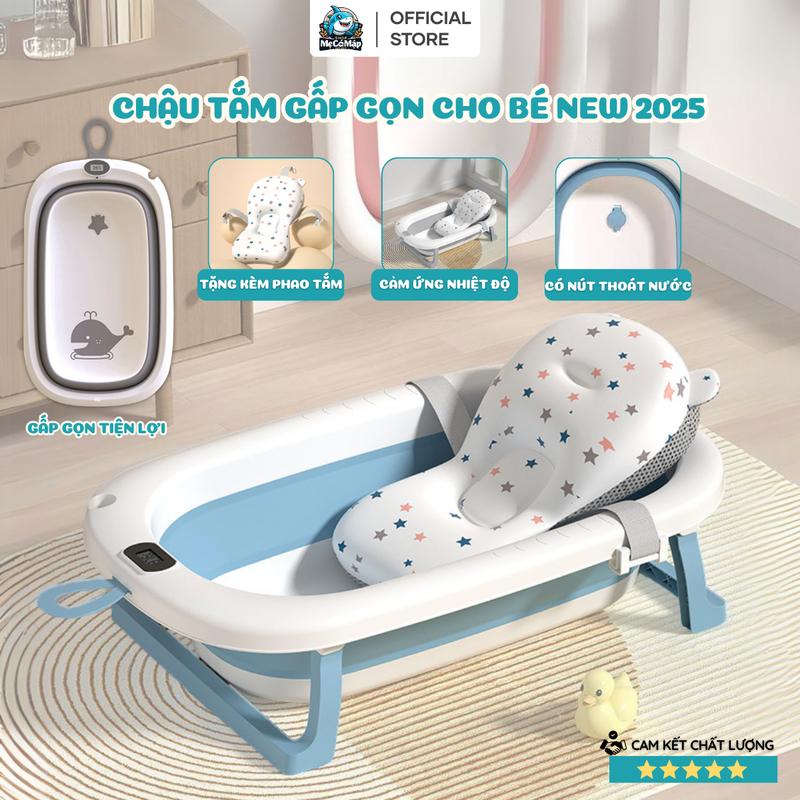Chậu Tắm Gấp Gọn Cho Bé, Thau Tắm Bé Kèm Phao Loại To Dày Dặn Có Nhiệt Kế, Nút Thoát Nước Tiện Lợi