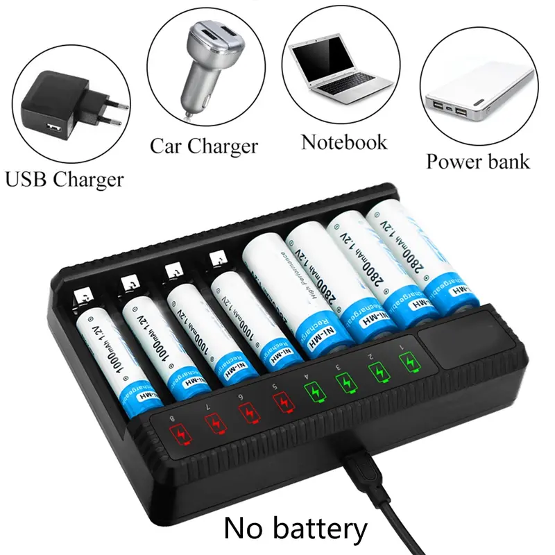 Bộ Sạc Pin AA AAA 8 Bay, LCD, USB C, Sạc Tốc Độ Cao, Khe Cắm Độc Lập Cho Pin Sạc NiMH NiCD 0