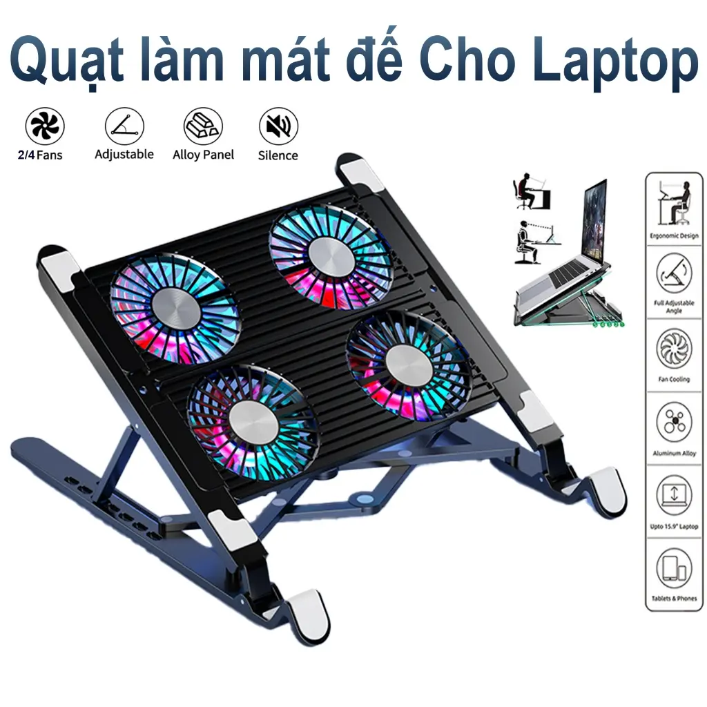 Quạt tản nhiệt Laptop Macbook Pad Có thể gập lại, điều chỉnh độ cao,chạy cực êm, gió cực mát
