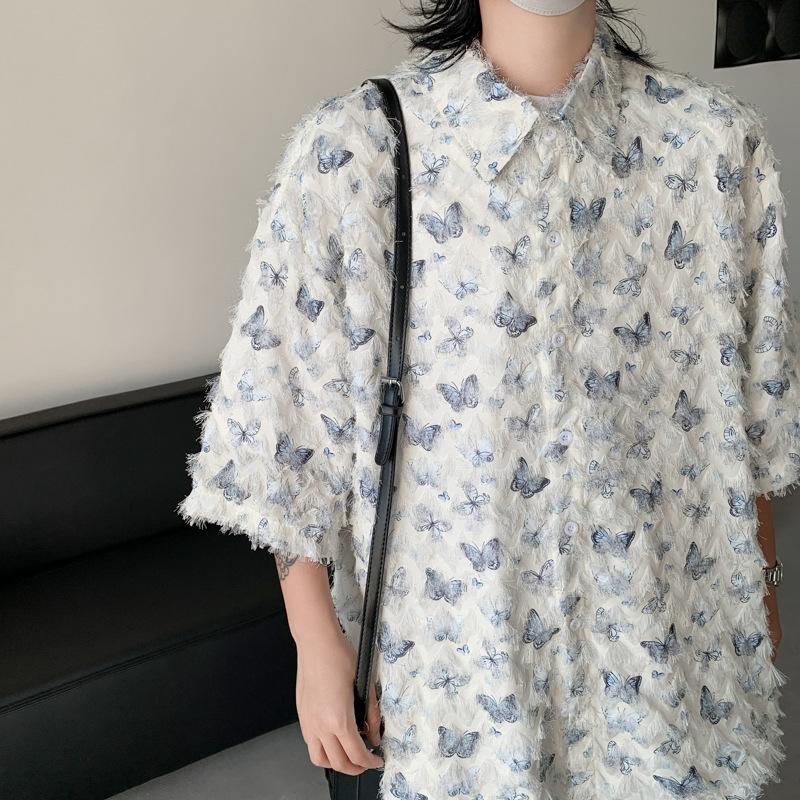 Product Introduction of Summer Design Butterfly Three-Dimensional Tassel Shirt Short Sleeve Men's Niche Vintage Shirt Coat Fashion Brand Couple's Tops 24