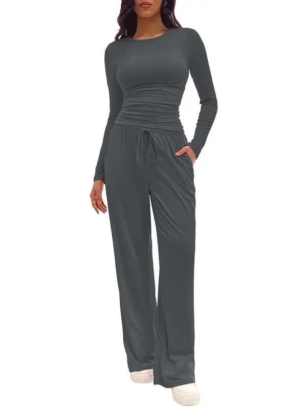 Two-piece Set Women's Solid Ruched Tee & Drawstring Pocket Pants Lounge Set, Casual Long Sleeve T-shirt & Elastic Waist Trousers, Pyjamas for Women, Ladies Sleepwear for All Seasons,  Lounge Tracksuit Women 3