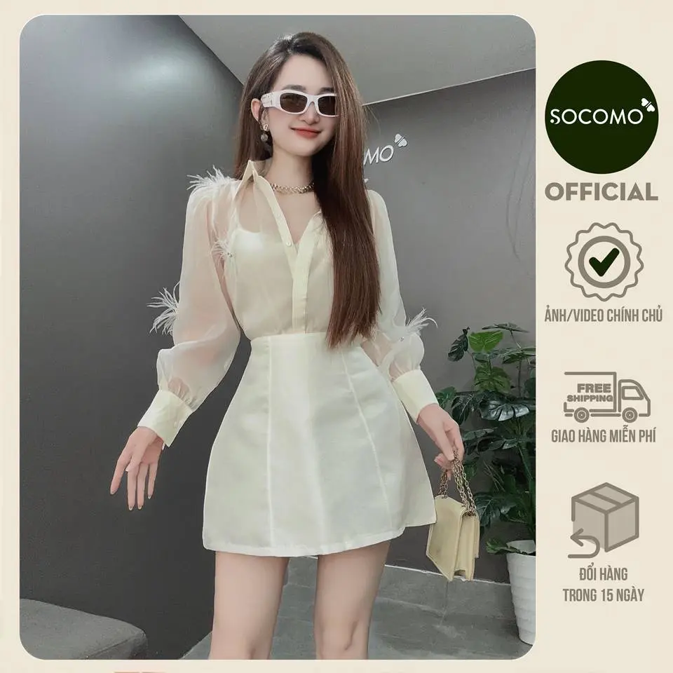 Socomo Set bộ áo sơ mi tơ kèm chân váy chữ A tacfa B262024 Nữ Women Kem Top