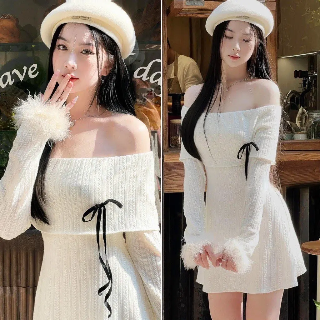 Đầm thun len gân tăm trễ vai phối ghim nơ tay loe bông tuyết, đầm nữ hàng Quàng Châu
