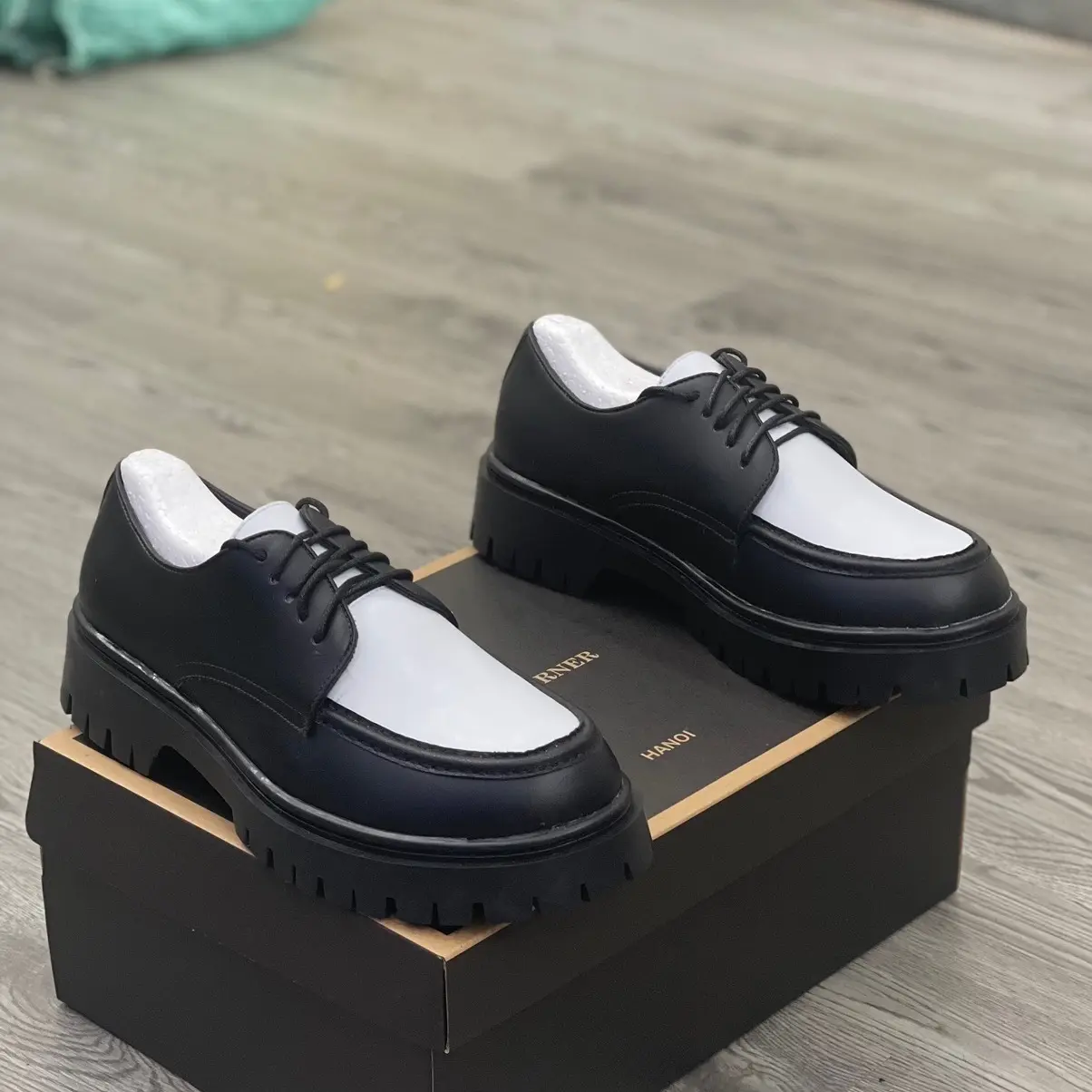 Giày Chunkky derby đen trắng, đế cao su cao 5cm