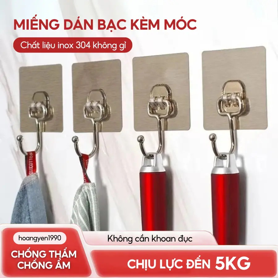 Móc Dán Tường Inox Chịu Lực 5kg, Miếng Dán Tráng Bạc Siêu Dính, Móc Dán Chịu Lực Loại Tốt