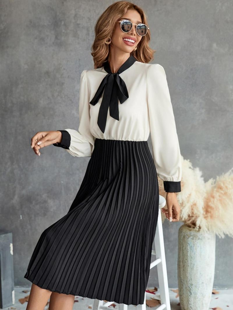 Product Introduction of Women's Colorblock Tie Neck Pleated Dress, Elegant Long Sleeve A Line Dress for Spring & Fall, Women's Clothes 3