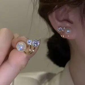 ANTING WANITA KOREA STACEY AKSEN MUTIARA PEARL GAYA ELEGANT KUALITAS Janet Classic Mewah Elegan Gold Zircon Alloy Paduan AT028