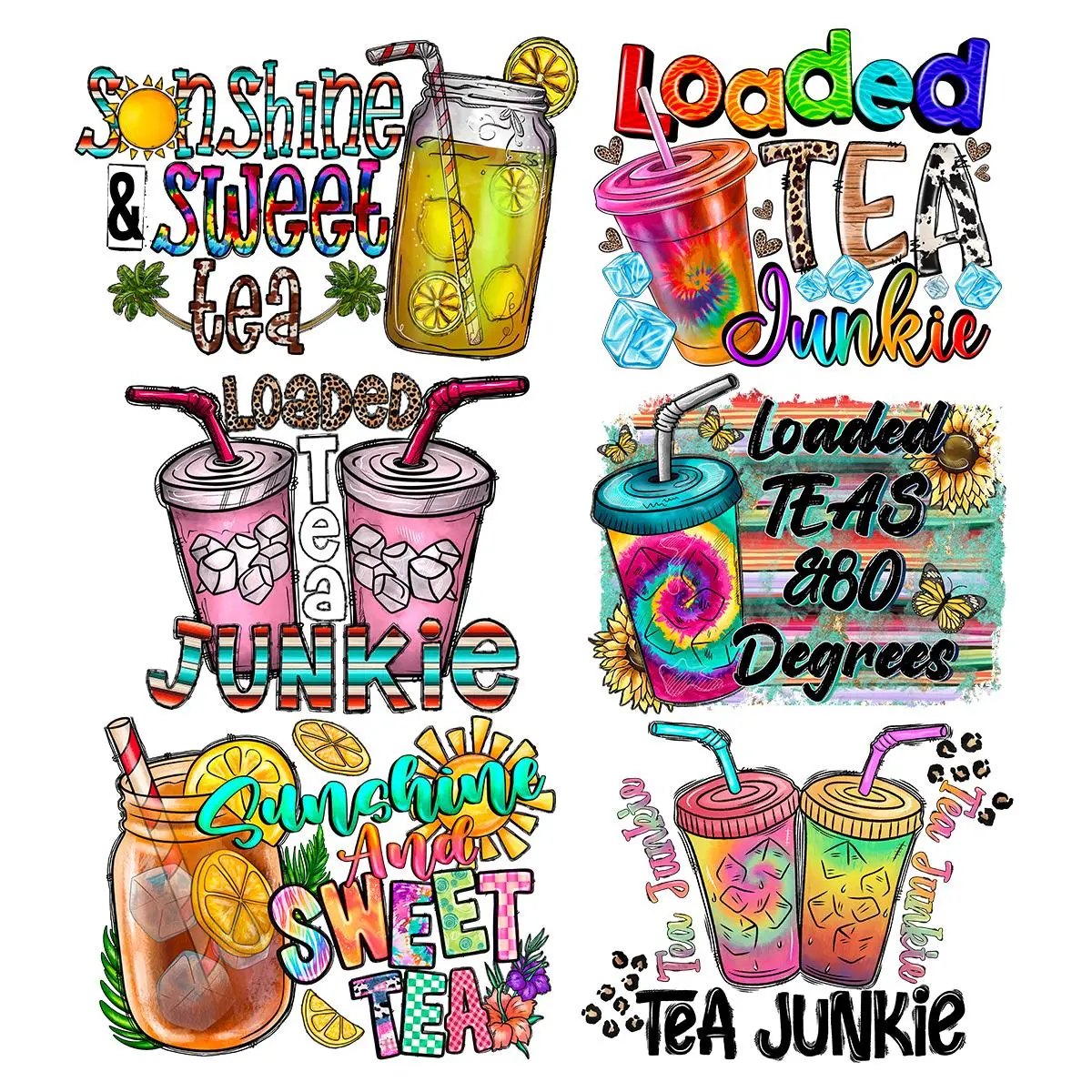 6counts/set Cartoon Tea Junkie Themed Pattern Heat Transfer Sticker, Creative Iron-on Heat Transfer Sticker, DIY Clothing Decoration Accessories