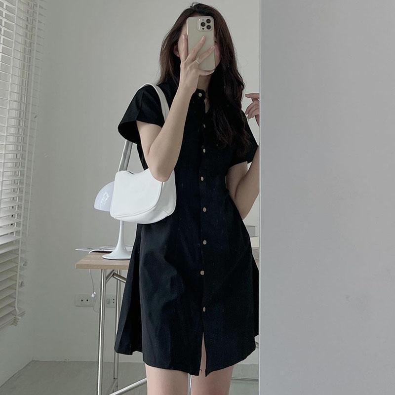 Y#0925-03  Minimalist style lapel dress, Korean version summer single breasted, waist cinching short sleeved shirt dress, solid color dress Casual Womenswear Lingerie Gowns Basic Women Lady Casual Wear Comfort Dresse Button 4
