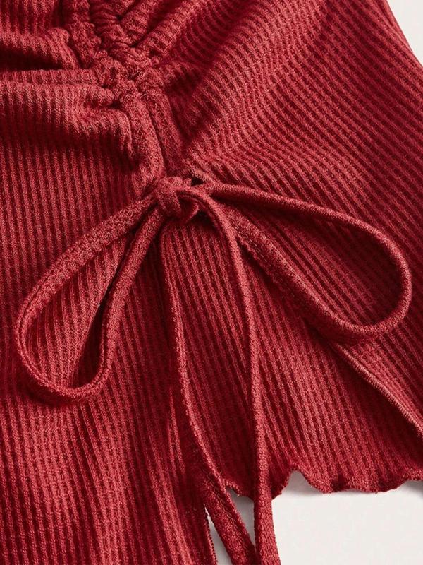 Summer Women's Solid Asymmetrical Split Hem Ruched Drawstring Tube Top, Comfort Summer Clothes, Casual Lettuce Trim Strapless Waffle Knit Top for Summer, Ladies Clothes for Daily Wear, Womenswear 2