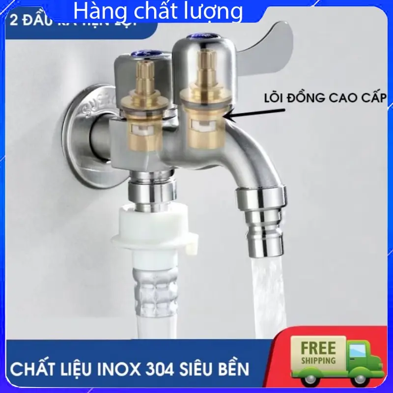 Đầu vòi nước inox 2 đầu ra - Vòi Xả Nước Đôi 2 Đầu Ra  Cấp Nước Máy Giặt Inox 304 Cao Cấp 1